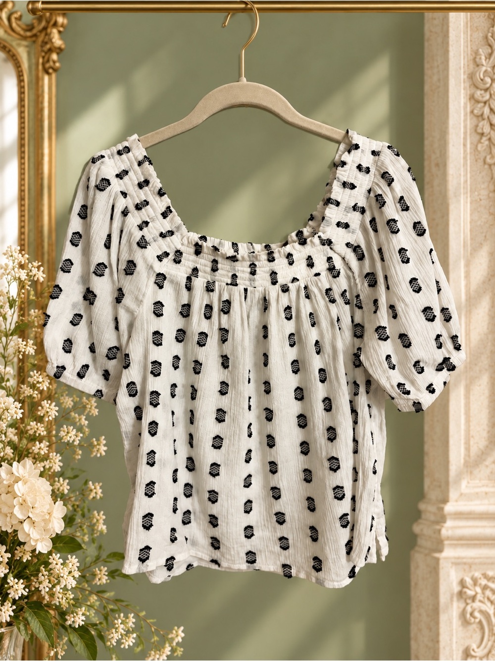 LOFT White Black Print Smocked Wide Neck Top Size MP Petite